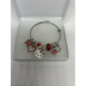 ❤️ Hello Kitty Red Charm Bracelet – Silver Tone – Rhinestones & Beads – Gift Box